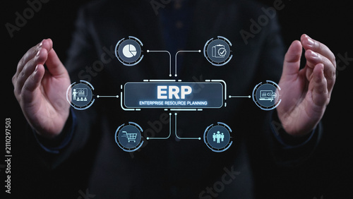 Konstfotografi ERP platform visual showing centralized system for enterprise resource planning, improving integration, data flow, business efficiency, finance, inventory, and human resources