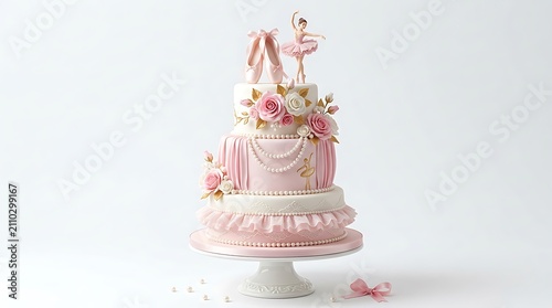 Elegant ballet themed birthday cake with pink decorations with accents figurines