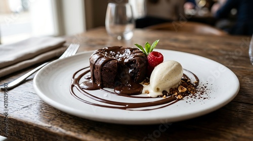 Decadent chocolate lava cake with vanilla ice cream with cream berries garnishes