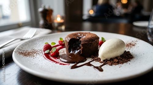 Decadent chocolate lava cake with vanilla ice cream with cream fresh berries