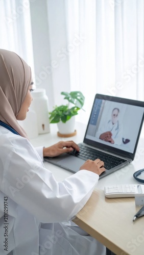 Muslim female doctor with stethoscope working on laptop during telemedicine consultation with colleague, remote healthcare communication, medical support service