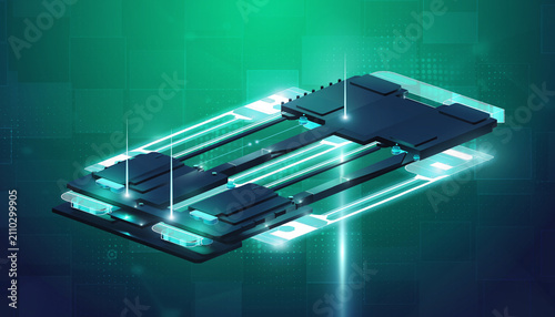 Futuristic Microchip and Circuit Board in Neon Glow.