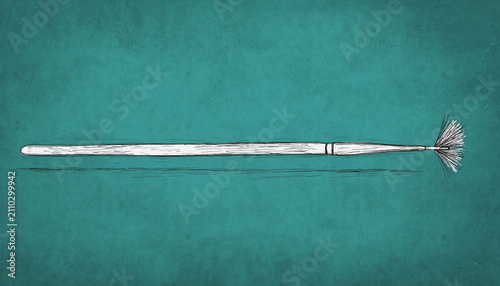 Long metallic rod with fan tail on green background.