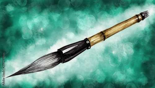 Elegant Calligraphy Brush Pen on Abstract Green Background.