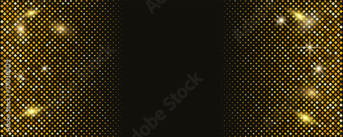 Gold disco glitter with black background golden and pattern yellow abstract. Geometric party dot with retro halftone luxury and shiny celebration glowing.