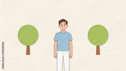 Cartoon man standing between two trees