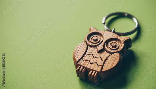 Wooden Owl Keychain on Green Background Charm.