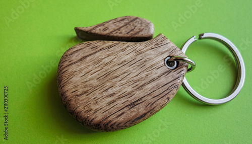 Wooden Heart Shaped Keychain on Green Background.