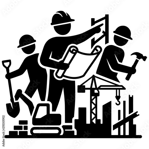 construction workers planning and building a new project at a busy construction site demonstrating teamwork and industry development