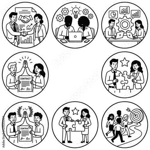 diverse business professionals demonstrate teamwork partnership and collaboration making deals solving problems for corporate success.