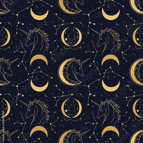celestial unicorn pattern with golden moon phases and star constellations on a dark background perfect for mystical designs and dreamy textiles