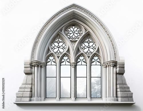 a gothic style arched window with ornate stone tracery rendered in clean white stone against a pure white background the intricate architectural details are highlighted