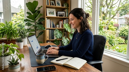 Woman working remotely in bright home office with greenery with large windows lush