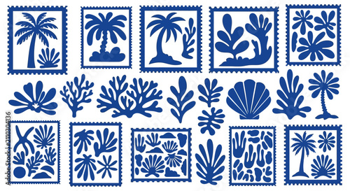 minimalist cobalt blue tropical marine abstract elements and stamps evoking summer vacation and serene nature
