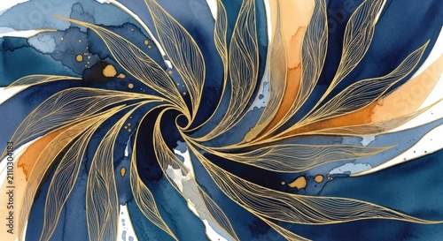 Abstract swirling blue and gold pattern.