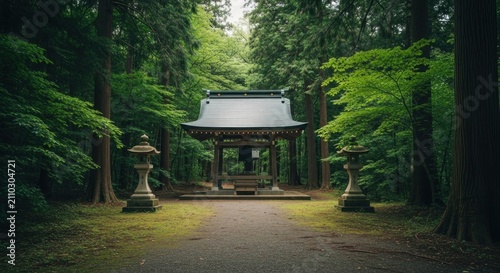 Serene Japanese temple in forest pathway.