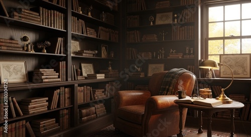 Cozy study room with leather armchair.