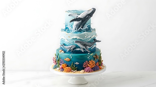 Whale themed birthday cake with underwater ocean scene with multi tiered whale