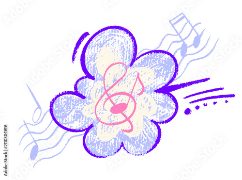 Colorful crayon drawing of a speech bubble cloud with a treble clef and musical notes. Textured vector graphic element with hand drawn doodle style.