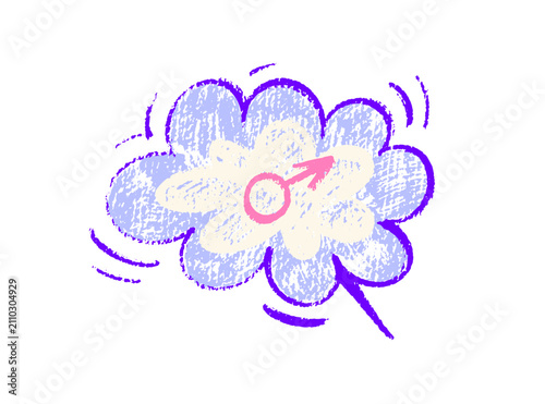 Colorful crayon drawing of a speech bubble cloud with a male gender symbol. Textured vector graphic element with hand drawn doodle style.