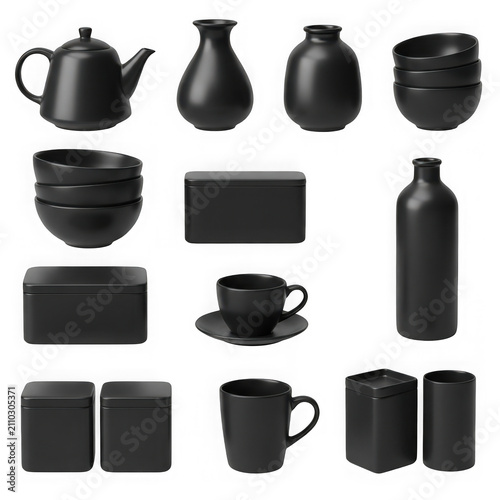Collection of modern matte black kitchenware and tableware items isolated on transparent background