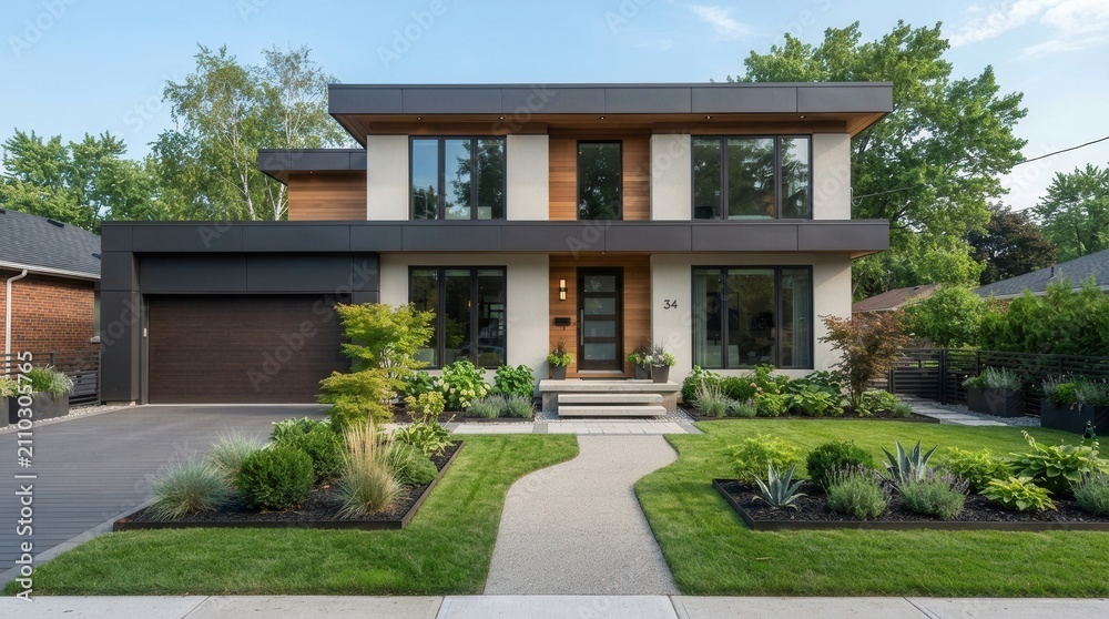 Fototapeta premium Modern Luxury Home Exterior with Lush Landscaping and Driveway.