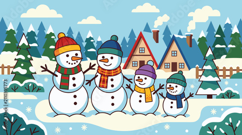 Joyful Snowman Family Portrait with Four Adorable Snowmen Wearing Colorful Striped Scarves and Cozy Winter Hats in Snowy Winter Yard with Snow-Covered Pine Trees and Cozy Chalet Houses Background