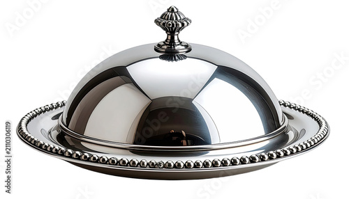 A polished silver serving dome rests on a matching platter.