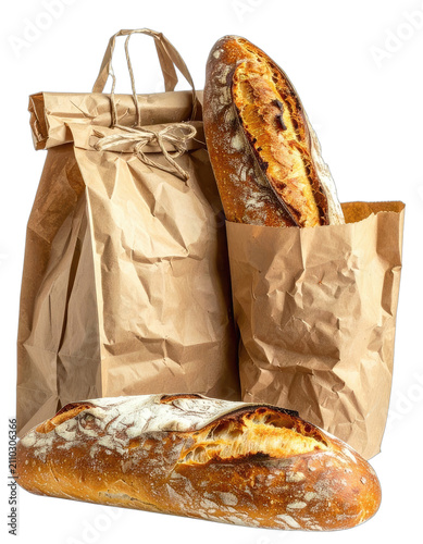 Artisan bread loaves in paper bags, presented on a black background.