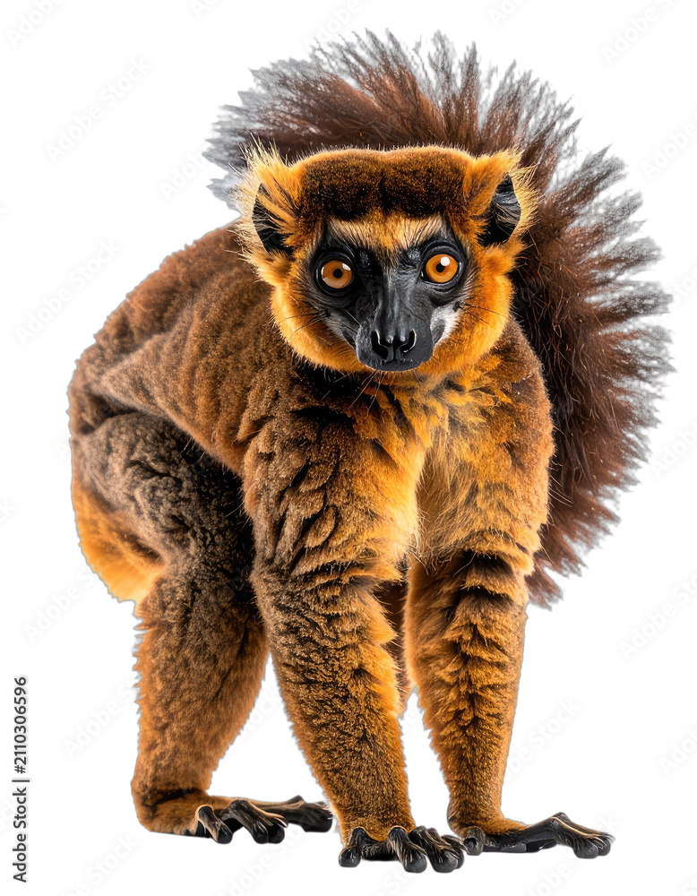 Obraz premium A red ruffed lemur with striking orange eyes and a bushy tail is showcased against a black background.
