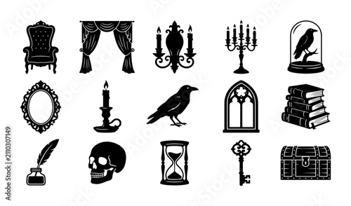 Foto Gothic Victorian icons set, black mystery silhouette elements, 15 dark academia