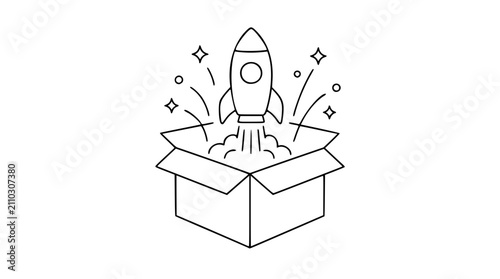Product Launch Box with Rocket Vector Icon - Hand-Drawn Minimalist Line Illustration for Startup and Business Success Concepts