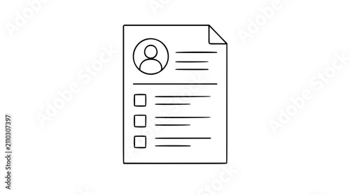 Resume Document Vector Icon with Profile Photo and Checklist – Hand-Drawn Minimalist Line Illustration for Business and Career