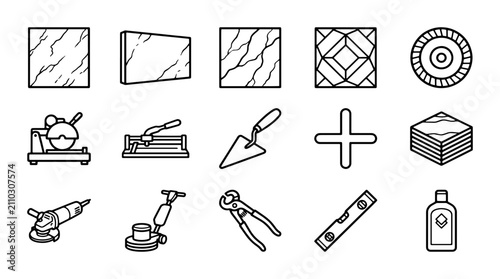 Tiling tools and ceramic tile installation icons, 15 professional floor layer equipment vector set, home renovation and masonry construction symbols