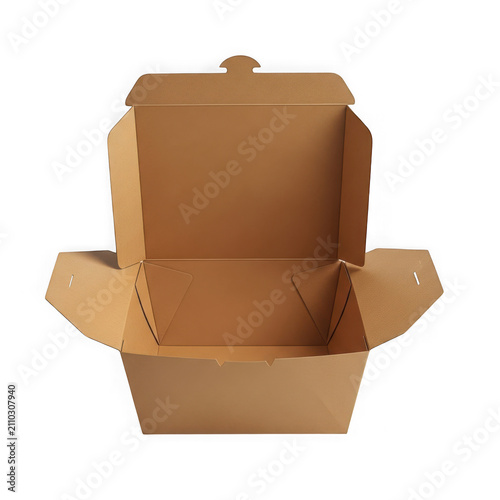 Open empty brown cardboard food box for takeaway meals isolated on a transparent background