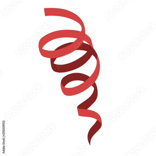Red curly paper streamer hanging down for festive party decor vector icon.