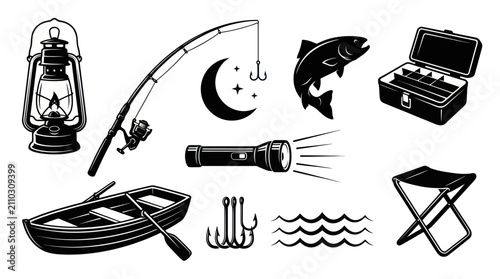 Fishing Sport Equipment and Night Angling Vector Set
