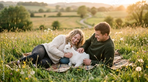 Young Romantic Couple Cuddling Adorable Baby Goat in Golden Hour Meadow, Happy Young Adults Enjoying Countryside Picnic with Fluffy White Kid Goat, Pastoral Love Story in Beautiful Blooming