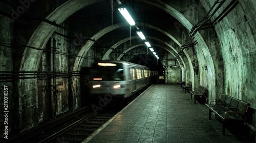 Atmospheric Dimly Lit Vintage Subway Station with Arched Concrete Walls and Approaching Train Blur in Underground Tunnel, Moody Urban Transportation Architecture Scene at Night Time