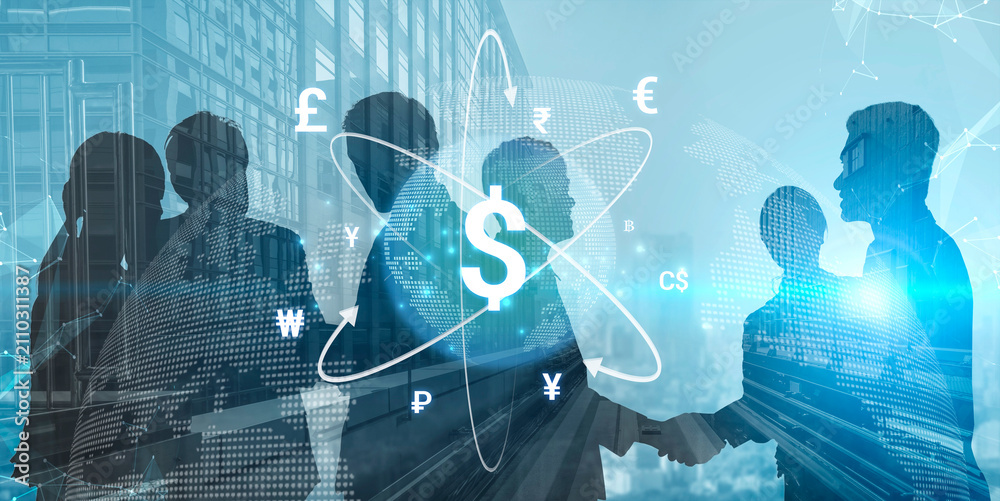 Obraz premium Business Partnership Concept Featuring Currency Symbols and Global Finance Trends with Silhouettes of Professionals in Modern Office Background. Sentient.