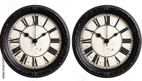 Two antique clocks with Roman numerals displayed side by side.