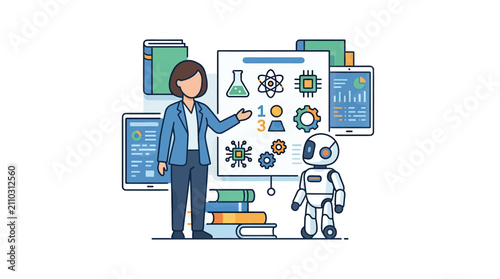 Female instructor teaching robotics and STEM subjects with a robot