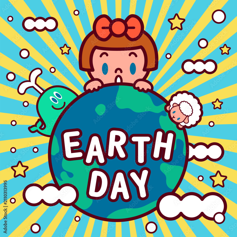 Fototapeta premium Flat vector illustration of a cute girl with a red bow, green whale, and sheep peeking behind Earth. Great for environmental campaigns, Earth Day posters, and children education banners.
