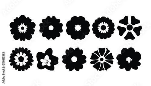 Black Flower Silhouette Collection, Bold Minimal Floral Icons for Modern Decorative Graphic Design.