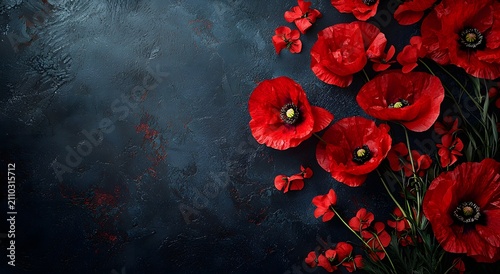 Red floral tribute background with poppies and dark elegance photo