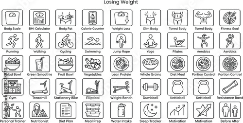 Losing weight line icon set featuring weight loss, diet, fitness, health, nutrition, workout, and measurement