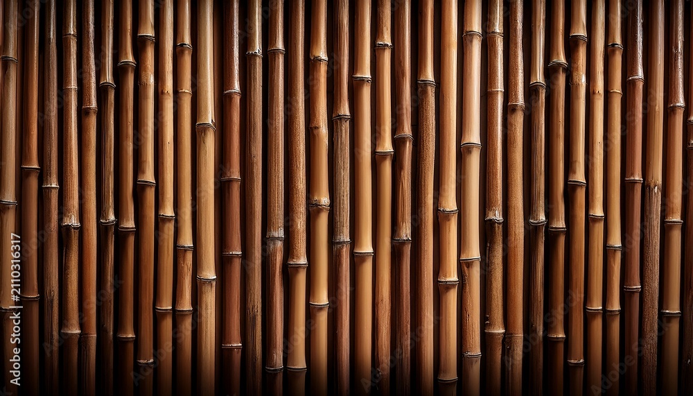 Fototapeta premium bamboo wall texture showcasing a rich brown linear pattern with vertical bamboo stalks arranged closely together against a dark backdrop