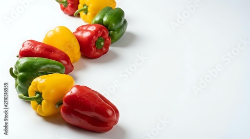 Fresh red, yellow, and green bell peppers arranged on white background, suitable for food, nutrition, cooking, and healthy eating content.