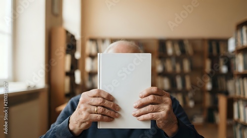 Man holding blank white book cover in library with bookshelves in background, suitable for publishing mockups and educational content.
