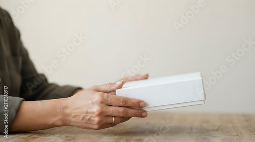 Adult male hands holding blank white envelope on wooden surface, suitable for business correspondence, greeting cards, and communication concepts.